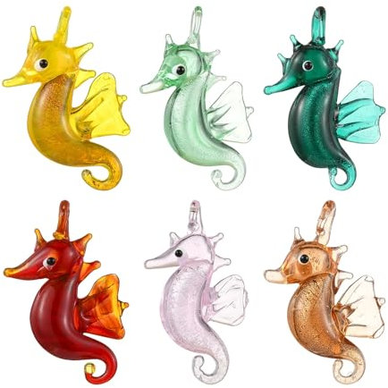 Stiesy Lot de 6 breloques en verre soufflé en forme d'hippocampe colorées faites à la main pour la fabrication de bijoux, colliers, loisirs créatifs, décoration d'intérieur