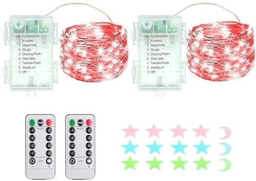 2 Stück LED Lichterkette, 50LED 5M / 17Ft 8 Modi, Batteriebetrieb lichterkette außen/innen Wasserdichte mit Fernbedienung für Schlafzimmer, Hof, Hochzeit, Weihnachten, DIY etc (rot)