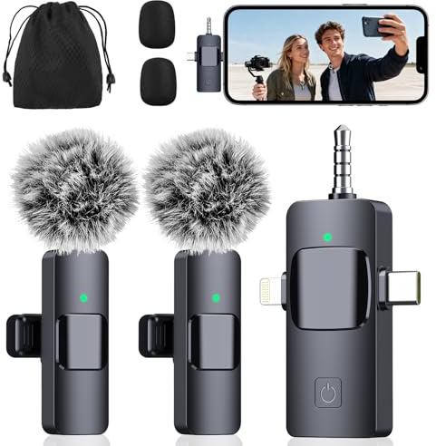 3 in 1 Mikrofon für iPhone, Android, iPad, Kamera, Kabellose Mikrofone, Mini Mikrofon, Ansteckmikrofon mit Rauschunterdrückung, kristallklarer Sound & 7H Akku für Aufnahme, YouTube, Podcast, Vlogging