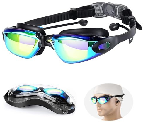 Gafas de natación Unisex para Adultos y jóvenes, Anti Niebla Protección UV, Gafas piscina con Tapones para los oídos y Estuche de Almacenamiento, sin filtraciones visión Clara fáciles de Ajustar
