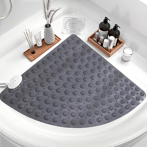 Wintfarm Corner Shower Mat Non Slip,65x65 Cm Large Bath Mat Non Slip Anti Mould,Curved Shower Mats for Inside Shower with Drain Hole Massage,Machine Washable Antibacterial (Grey)