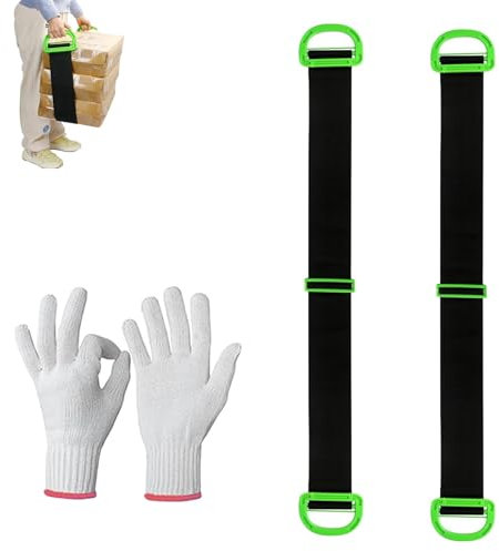 2 PCS Tragegurte Umzug, 145cm Schwerlast Transportgurt und Zwei Paar WeißE Antirutsch-Handschuhe, Verstellbare Tragegurt Umzug Hebegurt für Möbel Boxen Haushaltsgeräten Schwarz