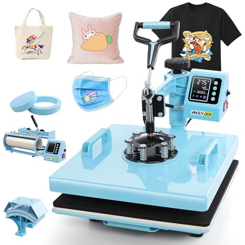 Transferpresse 15x15 zoll, 5-in-1- Professionelle Multifunktionale Heißpresse mit Aufsatz für Becher, 360° schwenkbare, Sublimationsmaschine DIY für T-Shirts, Mützen, Becher, Tassen und Teller