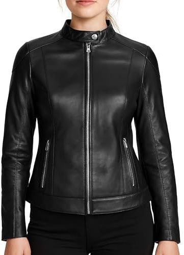 Leatherick Giacca da donna in pelle nera di agnello – Vestibilità slim, morbida pelle nappa, fodera in raso, dettagli con cerniera argentati e tasche funzionali