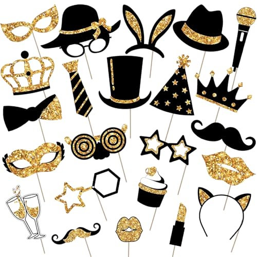 Fotobox Accessoires Hochzeit, 23-teiliges Set in Schwarz-Gold, Foto Requisiten für Hochzeiten, Geburtstage, Abschlussfeiern und Feste, Ideal für Fotobox Zubehör und Kreative Fotos