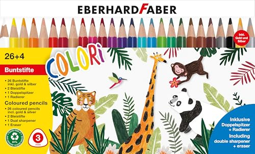 EBERHARD FABER 514829 - Buntstifte Set Colori 26+4, inkl. Anspitzer und Radierer, Malset ab 3 Jahren