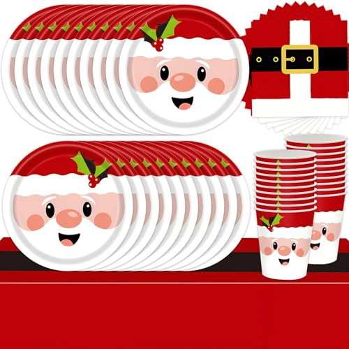 61Pcs Christmas Party Cutlery Set, Christmas Party Decoration, Winter Red Themed ,Holiday Celebration Supplies Including Plates, Cups, Tissues, Tablecloths (20 Guests)