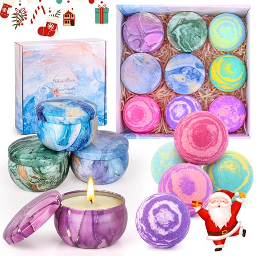 Geschenke für Frauen, Badebomben Geschenkset mit 5 Badekugeln und 4 Duftkerzen, Aromatherapie Entspannung Klein Weihnachtsgeschenke,Duftkerzen Geschenkset für Frauen,Mütter,Freundinnen