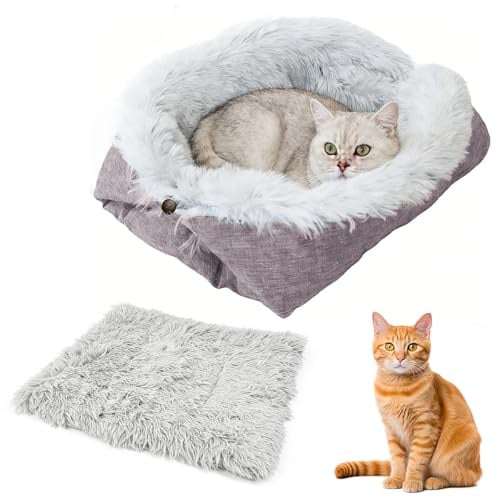 VGECEE Katzenbett Waschbar 2 in 1 Weich Katzenkissen Katzenmatte Schlafen | 60 * 50cm, Plüsch Haustierbett Klein Katzensofa Katzendecke Bett Katzenschlafplatz Winter, für Katze und Kleine Hunde