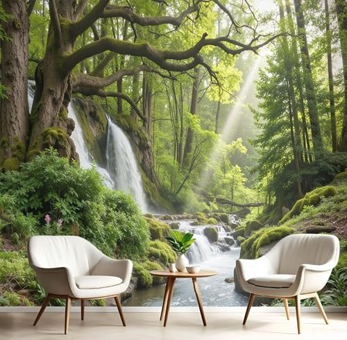 Fototapete Wald Wasserfall Silk Tapeten Wandtapete, Pflanzen Blumen Wanddeko Design Wand Dekoration Wohnzimmer Schlafzimmer Büro Flur 250 x 175cm (B x H) Wandtapete