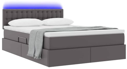 vidaXL Bett mit Stauraum und LED Grau 140 x 200 cm Kunstleder, Moderner Stauraum-Bett, rechteckige Form, Bequeme Matratze, praktische Hydraulik, vielseitiges Möbel für Erwachsene