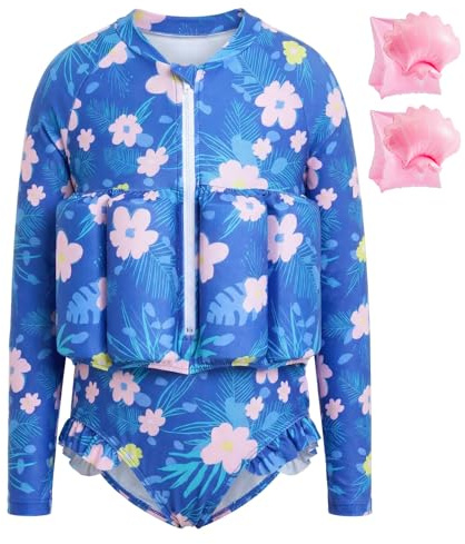 Summshall Toddler Swimsuit with Floatation, Baby Girls Long Sleeve Floating Bathing Suit Front Zipper Floatie Swim Suit for Summer Beach