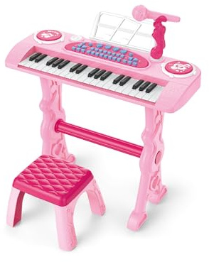 Baroni Toys Tastiera Elettronica con Sgabello per Bambini 3+ Anni con Microfono – Pianola Musicale con Melodie, Luci e Suoni Educativi, Tastiera con Sedia Rosa, 48x20x53cm