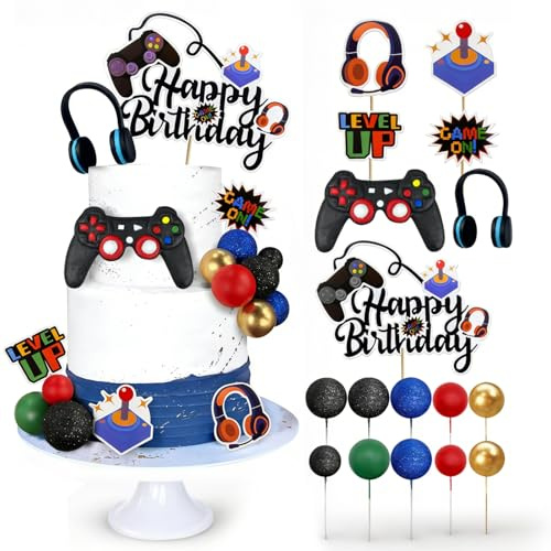 Rainway 17 Stück Gaming Tortendeko, Happy Birthday Tortendeko, Gaming Geburtstagsdeko, Muffin Deko & Muffins Deko, Topp die Torte Spiel Videospiel Kuchendeko für Geburtstagsfeiern & Kuchen Dekoration