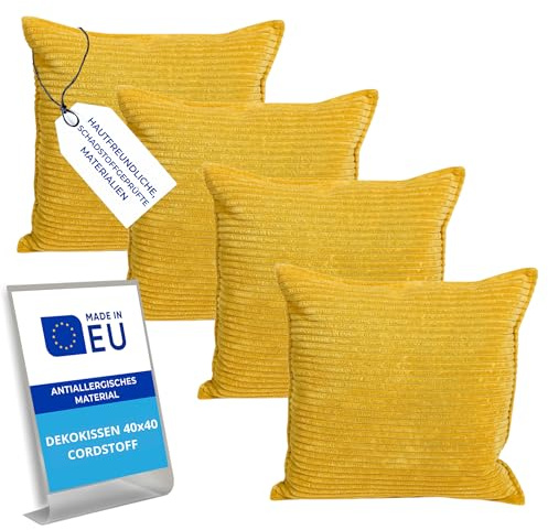 Pillows24 – 4X Dekokissen 40x40 aus Cord | Weiches Zierkissen & Sofa Kissen | Deko Kissen 40x40 für Palettenkissen in Wohnzimmer & Balkon | Sofakissen Made in EU | Gelb