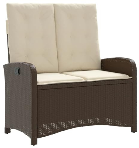 Mhdvray Verstellbare Gartenbank Braun 105 x 59 x 93 cm aus PE-Rattan mit Cremeweißen Kissen 2-Sitzer Balkonmöbel Modernes Design für Terrasse Balkon und Garten