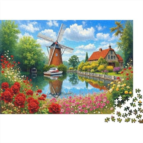 Rural Windmill Scene Recycled Cardboard Dutch Windmill Jigsaw Puzzles for Adults 1000Pc Classic Educational Games Challenging Puzzle Games 52x38cm/1000pcs