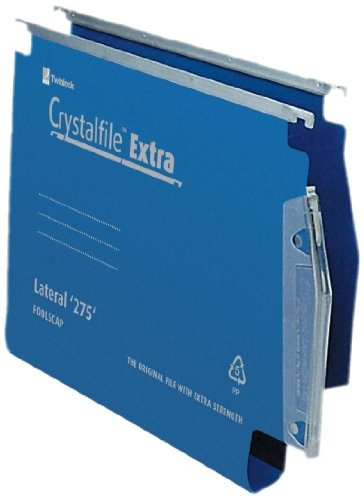 Rexel 275 Lateral Hanging Files with Tabs and Inserts, 50 mm base, Polypropylene, Blue, Crystalfile Extra, Pack of 25, 71765