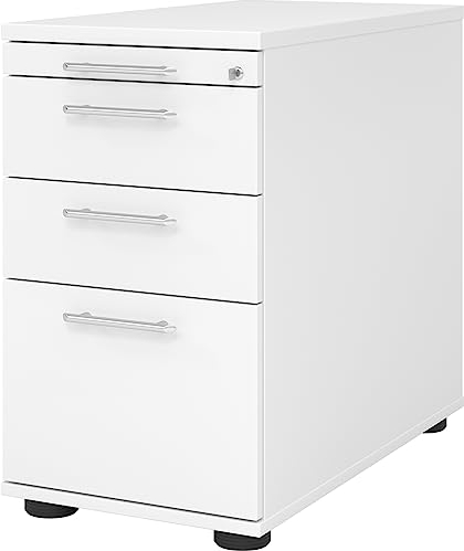 bümö Schreibtisch Schrank Büro mit Hängeregister für Hängeordner, Schubladenschrank Holz in weiß, Container mit Schubladen & Hängeregistratur - Schreibtisch Kommode mit Relinggriffe