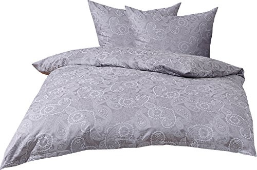 Bettwaesche-mit-Stil Mako Satin Damast Paisley Bettwäsche Garnitur Davos 200x200 + 2X 80x80 weiß - grau