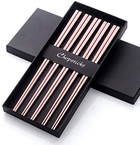 5 Paires de Baguettes Or Rose INOX 304 18/10 Réutilisable Métal Creux Forme Carree pour Sushi Dîner Set de Vaisselle