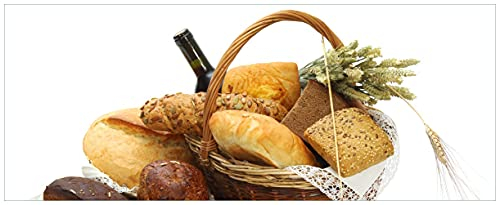 Wallario selbstklebendes Poster - Brot und Brötchen im eleganten Korb - mit Wein und Getreide, Aufkleber in Premiumqualität, Klebefolie Größe: 50 x 125 cm