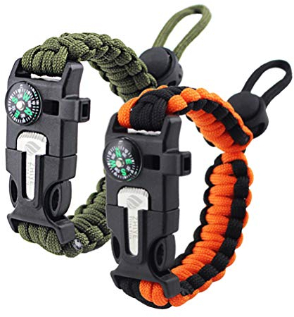 ZHIYE Survival Paracord Bracelet Flint Fire Starter Scraper Compass Wilderness Survival Whistle Adjustable Wristband 2Pack Armygreen&BlackOrange