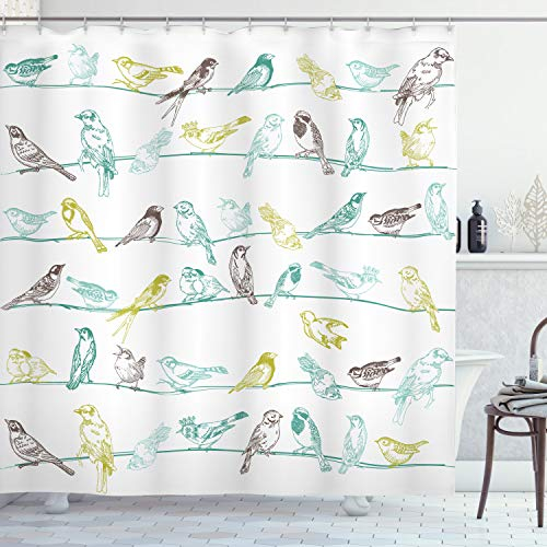 ABAKUHAUS Vögel Duschvorhang, Vögel sitzen auf Drähte, Stoffliches Gewebe Badezimmerdekorationsset mit Haken, 175 x 220 cm, Blassgrün Braun
