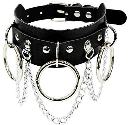 Jurxy Breit Lederhalsband Halskette Herz Form Damen Leder Choker Metall Ring Halsband Gotik Punk Rock Lederband Einstellbar Kragen O Form Anhänger Quaste - Schwarz