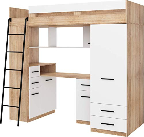 FurnitureByJDM Hochbett mit Schreibtisch, Schubladen, Kleiderschrank und Bücherregal - SMYK - (Eiche Sonoma/Weiß, Links)