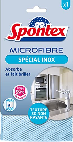 SPONTEX - Microfibre Spécial Inox - Texture 3D non rayante - Absorbe et fait briller - Elimine 99% des bactéries