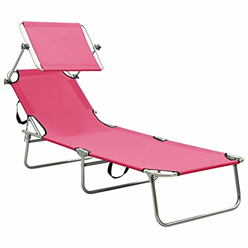 Festnight Sonnenliege Klappbar mit Dach Gartenliege mit Sonnenschutz Liegestuhl Faltbar Leicht Liege Klappliege Strandliege Campingliege Freizeitliege Relaxliege Pool Strand Stahl Rosa