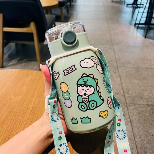 A/A Borraccia Kawaii con adesivo sportivo boccetta cannuccia e cinturino in acciaio inox bollitore (verde, 425,2 g)
