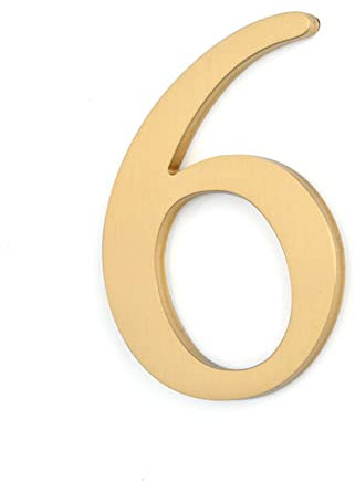 Solid Brass Door Number 6, Self Adhesive Door Plate House Numbers for Home Mailbox Address Sign, Peel & Stick