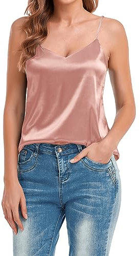 VIDUSSA Débardeur Femme Chic et élégant Col V Sangle Spaghetti Hauts Satin sans Manche Camisole Tops Shirt Rose XXL