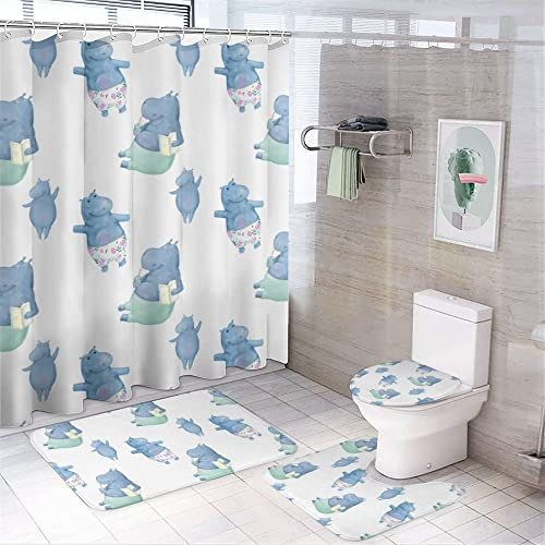 MyDaily 4-teiliges Nilpferd-Duschvorhang-Set mit Badteppich + WC-Deckelbezug + WC-Vorleger, Nilpferd, Tier, wasserdichter Badezimmervorhang mit Haken