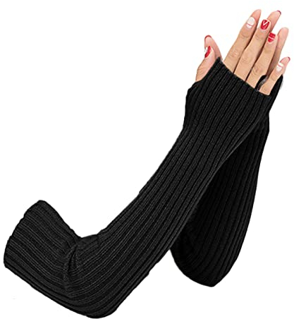 SUNTRADE Fingerlose Strickhandschuhe für Damen und Mädchen, weich, dehnbar, lange Handschuhe, Schwarz , 38