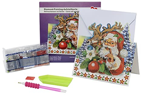 Ideen mit Herz Diamond-Painting-Aufstellkarte | 370 g/m² | 16,3 cm x 16 cm | inkl. Briefumschlag & Werkzeug (Weihnachtsmann mit Rentier)