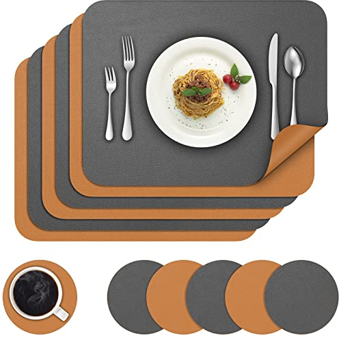 BANNIO Set De Table,6 Pièces Sets De Table Et 6 Pièces Dessous De Verre,Double Face Set De Table Lavable,Sets De Table Antidérapant Et Imperméable,Dessous De Table Cuir Chaleur Résiste,Gris&Brun