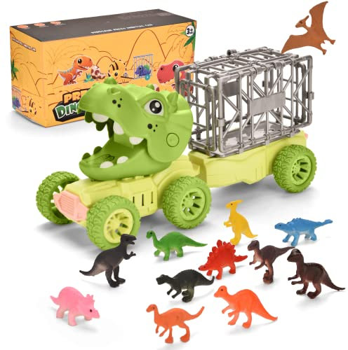 Fanbusa Dinosaur Toys for Boys Age 3, Toddler 2 Year Old Boy with 12 Mini Dino, Dinosaurs Transport Car Carrier Truck Kids 3-5 Years, Kids' Play Set Gifts Girls 1, Green