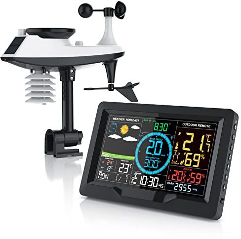 Brandson - Station météo Radio réveil avec capteur extérieur 5en1, Weather Station, prévisions météorologiques, anémomètre, pluviomètre, thermomètre, hygromètre, baromètre, Heure DST, Panneau Solaire
