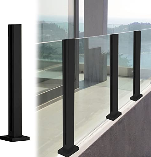 Garde Corps Verre Balustrade en Verre Poteau de Rambarde en Verre pour Balcon, Poteau de Clôture en Bois pour Plancher en Béton, Main Courante, Système Fixation Verre Noir L'intérieur et L'extérieur (