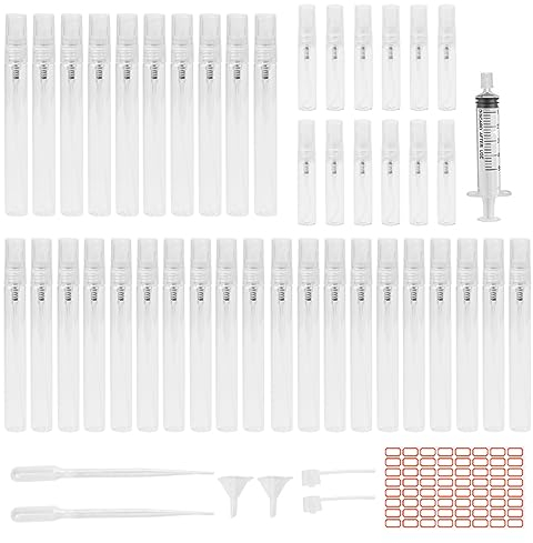 Veiteibe 40 PCS Mini Perfume Dusty Peut Etre Rempli,Bouteille de Parfum en Verre,Pulvérisateur de Parfum avec Pipettes en Entonnoir et Autocollants D'étiquette 10x 5ml/30x 10 ml