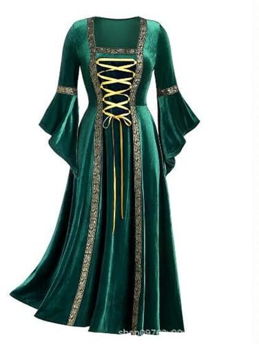 Abito da Donna in Velluto Dorato con Spalline a Maniche Lunghe Gotico, Veste-Verde-M