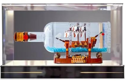 Transparente Acryl-Vitrine für Lego 21313 Flasche, mittelgroß, Schiff, staubdicht, transparent, Vitrine (34,8 x 15 x 15 cm (nur Vitrine) (erhöhter Sockel)