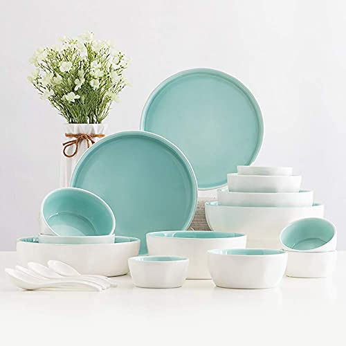 TRQZNLEP Splitterfestes Geschirr, Geschirr/Teller/Schüssel-Set, 18-teiliges Geschirrset, Service für 4 Personen, Speiseteller, Löffel und Schüsseln