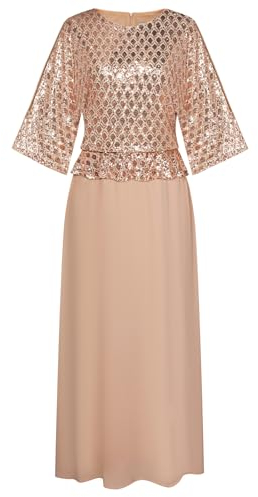 Kleid Damen Lang A-Linie Pailletten Kleid Damen Festlich Hochzeit Cocktailkleid Elegant XL Champagner Gold -1