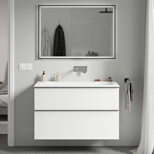 BERNSTEIN Badmöbel-Set Lavoa, Waschtisch-Unterschrank mit Waschbecken 80cm in Weiß matt - CREAM - Weiß matt ohne Hahnloch - 2 Schubladen, Griffe in Anthrazit, vormontiert, 5 Jahre Garantie