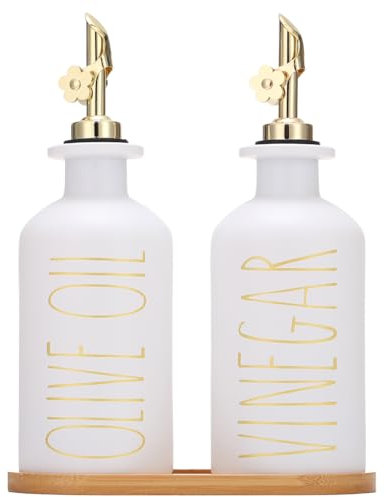 HOMCDALY Premium Olivenölspender für die Küche, 335 ml, Glas-Ölflaschen mit Bambus-Tablett, Weiß und Gold, Öl- und Essig-Menage-Set, Küchenspenderflaschen mit Ausgießer, 334 ml, P-Gold