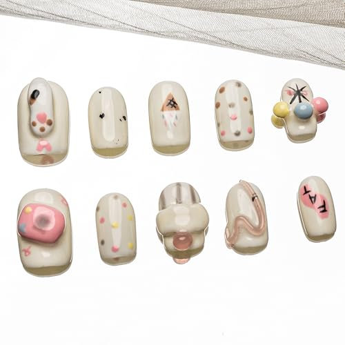 Sun&Beam Nails Handmade Press-on Short Squoval Round Pink White Blue Yellow Cartoon 3D cat Design Fashion False Nail Tips 10 Pcs Set (#185 S)
